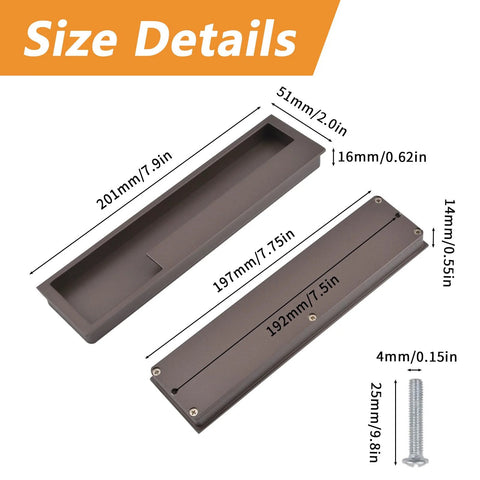 Zinc Alloy Flush Pull Handles Set Of 2 For Sliding Doors And Drawers, size details with dimensions and screws
