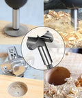 Collage of 4 Inch Carbide Tipped Forstner Drill Bit for hard wood and plastic plywood in use, showing precision hole drilling.