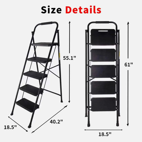 Foldable 5 Step Ladder With Handrail For Adults Beefy Yet Lightweight Anti Slip Step Stool With Wide Pedals Portable Household Ladder For Closet Bathroom Kitchen And Office Black, 55.1in x 18.5in