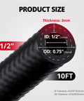 One Half Inch NBR Fuel Hose With Push Lock Fittings SAE 30R7 Ten Foot Length 300 PSI Working Pressure showing dimensions ID: 1/2" (13mm), OD: 0.75" (19mm), and thickness.