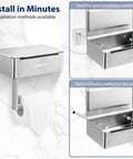 Two Pack Stainless Steel Toilet Paper Holder With Built In Shelf For Mega Rolls Up To 6 Inch Diameter Wall Mount Bathroom Organizer With Hidden Wet Wipe Dispenser Silver Finish Easy Reach Storage Saver shown with installation methods