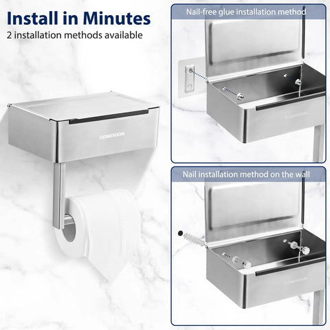 Two Pack Stainless Steel Toilet Paper Holder With Built In Shelf For Mega Rolls Up To 6 Inch Diameter Wall Mount Bathroom Organizer With Hidden Wet Wipe Dispenser Silver Finish Easy Reach Storage Saver shown with installation methods