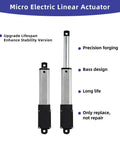 Micro Electric Linear Actuator with two units, precision forging and bass design for long life, showing upgrade lifespan features.