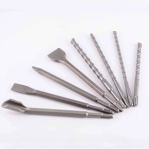 17 Piece SDS Plus Rotary Hammer Drill Bits And Chisel Set For Concrete And Masonry, displayed in a fan layout, various sizes.