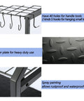 Close-up of features of Heavy Duty Free Standing Garden Tool Organizer Rack For Garage Corner Storage And Shed Organization