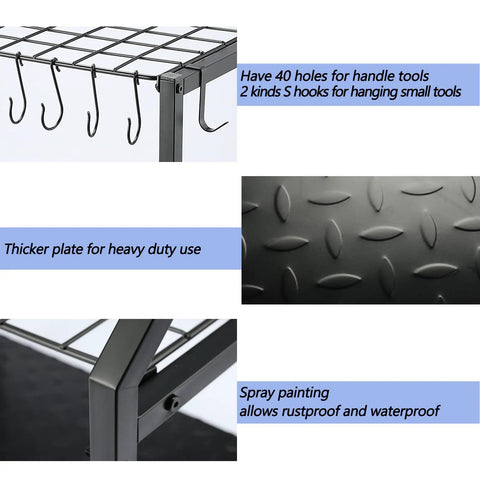 Close-up of features of Heavy Duty Free Standing Garden Tool Organizer Rack For Garage Corner Storage And Shed Organization