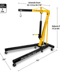 Heavy Duty Rolling Boom Engine Hoist With Two Thousand Pounds Capacity Fold Up Legs And Smooth Swivel Casters That Make Tight Garages A Breeze For Every Weekend Wizard Industrial Grade Steel Construction And Locking Rear Wheels For Safe Daily Use, shown with adjustable height and extendable boom.