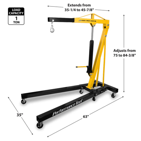 Heavy Duty Rolling Boom Engine Hoist With Two Thousand Pounds Capacity Fold Up Legs And Smooth Swivel Casters That Make Tight Garages A Breeze For Every Weekend Wizard Industrial Grade Steel Construction And Locking Rear Wheels For Safe Daily Use, shown with adjustable height and extendable boom.