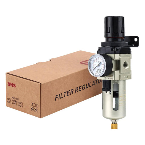 All In One 1/4 NPT Air Filter Regulator Piggyback Combo With Gauge, Poly Bowl, Metal Guard, Semi Auto Drain, Bracket AW3000N02A