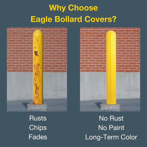 Comparison of rusted and new bollard cover with text highlighting benefits of Built Tough 56 Inch Bollard Cover For 6 Inch Outdoor Poles.