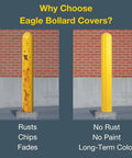 Comparison of worn yellow bollard with rust and a new Hardcore Bollard Covers Fit Eight Inch Posts Fifty Six Inches Tall chunky HDPE sleeve.
