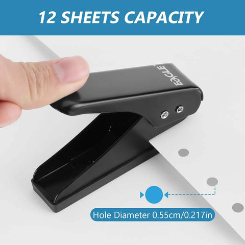 Close-up of Low Force One Hole Paper Punch, 12 Sheets Capacity, one quarter inch hole size, showing metal punch and anti-skid base.