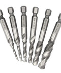 Six Piece Drill Tap Combination Bit Set With 1/4 Inch Hex Shank For 1/8 To 3/8 Inch Sizes HSS 4341 High Speed Steel
