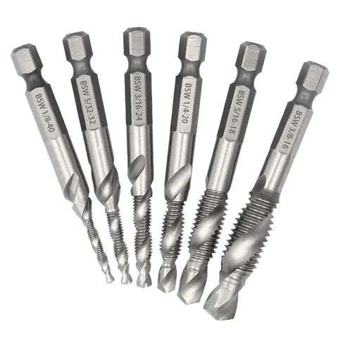 Six Piece Drill Tap Combination Bit Set With 1/4 Inch Hex Shank For 1/8 To 3/8 Inch Sizes HSS 4341 High Speed Steel