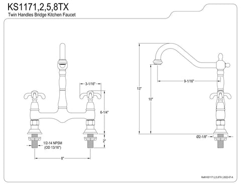 French Country Bridge Kitchen Faucet In Polished Brass With Solid Brass Construction And Ceramic Disc Cartridge One Quarter Turn Spout Reach Nine And One Sixteenth Inches Installation Diagram