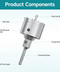 Boss Level 6 Piece Masonry Concrete Hole Saw Kit With Tungsten Carbide Segments diagram showing components like pilot drill bit and SDS shank.