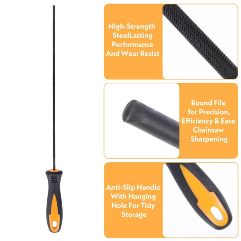3 Pack One Eighth Inch Chainsaw File Set Round Sharpener Files For Precise Chain Teeth Sharpening, 8 Inch Handle, Compact Grip