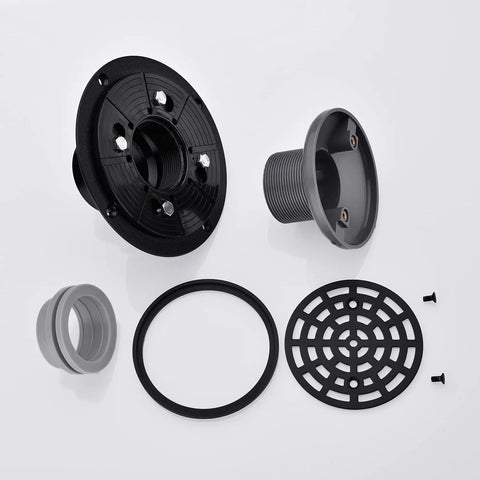 Four And A Quarter Inch Round Shower Drain In Matte Black Stainless Steel With Included Drain Flange Kit components displayed