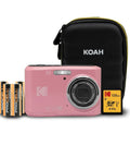 Easy Peasy Pastel Pink 16MP Point And Shoot Camera With 1080P Full HD Video Includes 128GB SD Card, batteries, and compact case.