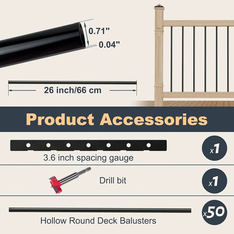 26 inch round baluster with spacing gauge and drill bit for 50 Pack Deck Balusters, 32.25 Inch Long 1 Inch Wide Curve Metal Spindles