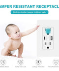 Dual USB Outlet Wall Receptacle With GaN USB C PD 65W Fast Charge Ports shown with child-safe tamper-resistant feature