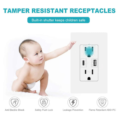 Dual USB Outlet Wall Receptacle With GaN USB C PD 65W Fast Charge Ports shown with child-safe tamper-resistant feature