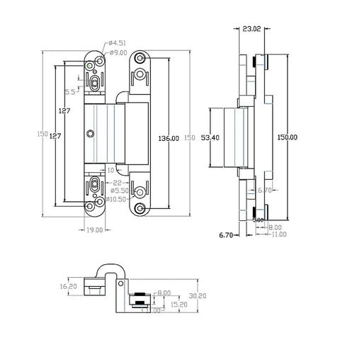 Technical drawing of Two Way Adjustable Concealed Door Hinge For Rebate Doors 180 Degree Opening Die Cast Zinc Alloy Built Tough Heavy Duty