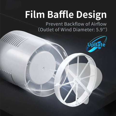 Close-up view of Quiet 110 CFM Bathroom Exhaust Fan With 1.0 Sone, 5.9 Inch Duct, film baffle design to prevent backflow.