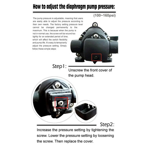 Instructions for adjusting 115V High Pressure Booster Pump On Demand 160 PSI For RVs And Caravans with labeled steps shown