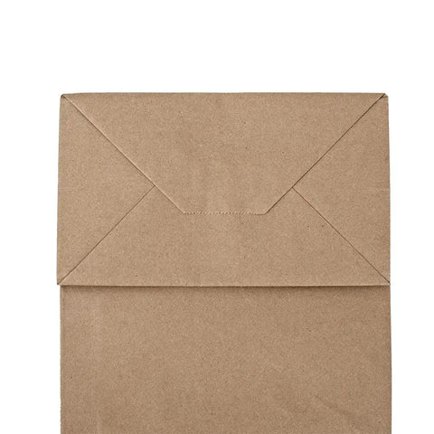 Close-up of a folded top of a Bulk 100 Pack 8x4.75x10 Inch Kraft Paper Bags With Handles Natural Brown Gift Bags for various uses.