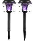 Solar Powered Outdoor Bug Zapper For Yard And Patio, Waterproof Mosquito Killer Lamp For Lawn Pathway, No Wiring Needed, Dual UV Light Modes, Weatherproof Design, Easy Setup For Garden Entertaining, 2 Pack showing dual lamp structure with insects attracted to UV light, ground stake visible.