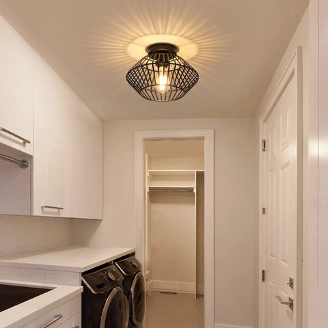 Black Flush Mount Ceiling Light With Dope Metal Cage Design And Industrial Vibe For Hallways Kitchens Porches And Bedrooms Vintage Farmhouse Style That Casts Dramatic Shadows When On And Elevates Any Ceiling Space in laundry room
