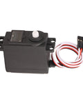Smooth Operator High Speed Standard RC Servo Motor Featuring Tough Plastic Gears And Durable Metal Output Spline, Black with wires.