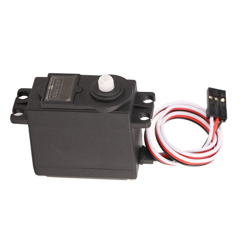 Smooth Operator High Speed Standard RC Servo Motor Featuring Tough Plastic Gears And Durable Metal Output Spline, Black with wires.