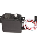 Standard Size RC Servo Motor With Straight Fire Throttle Response And Rock Solid Plastic Gears for RC cars, compact size, black design.