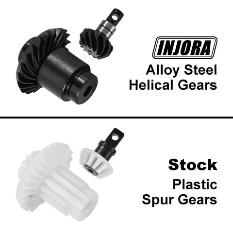 Beefed Up 12/24T Steel Alloy Stock Gear Set And 12/20T Overdrive Helical Gear Kit comparison with plastic gears