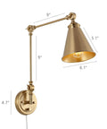 Farmhouse swing arm wall sconce set of 2 with dope industrial adjustable design brass finish perfect for living room bedroom vanity study desk office plug in or hardwired modern vintage task lighting, showing dimensions and single sconce view.