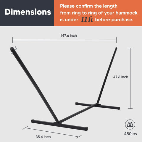 Heavy Duty 12 Ft Hammock Stand With Portable Steel Cube Frame, 475 Lb Capacity, dimensions shown for size reference
