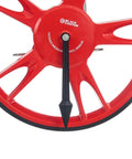 Hella Portable Foldable Distance Measuring Wheel With Bright Lcd Screen And Built In Carry Strap Rolls Out Smooth For Contractors And Handyman Teams close-up of the red measuring wheel with black pointer.