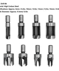 Top Shelf Eight Piece Cork Drill Bits And Wood Plug Cutter Set Sculpted From Heavy Duty High Carbon Steel For Clean Tapered Cuts, various sizes displayed.