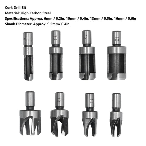 Top Shelf Eight Piece Cork Drill Bits And Wood Plug Cutter Set Sculpted From Heavy Duty High Carbon Steel For Clean Tapered Cuts, various sizes displayed.
