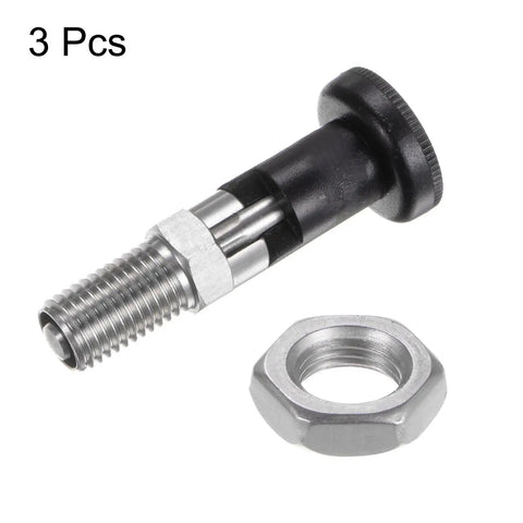 Pro Grade Three Pack Stainless Steel Ball Nose Spring Plungers With M12x1.5 Threads And A Six Millimeter Pin Diameter Self Locking Retractable Index Hardware Built Tough For Zero Hassle Jobs with bolt and nut.