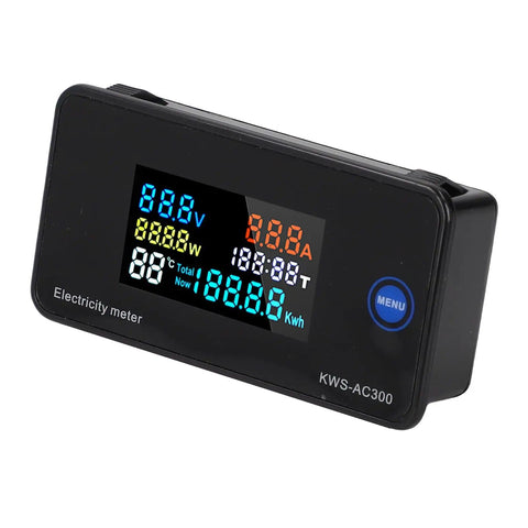 Open Transformer AC Multimeter Digital Energy Meter KWSAC300-100A with 360 Degree Color LCD displaying voltage and current readings