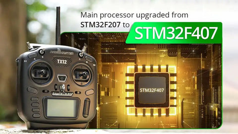Dope Compact Pro Radio Transmitter With Hall Gimbals And ELRS CC2500 upgrade to STM32F407 shown beside microchip