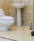 Slick Brushed Metal Toilet Plunger With Spill Proof Canister And Wall Mount Holder For Bathroom Corner Storage