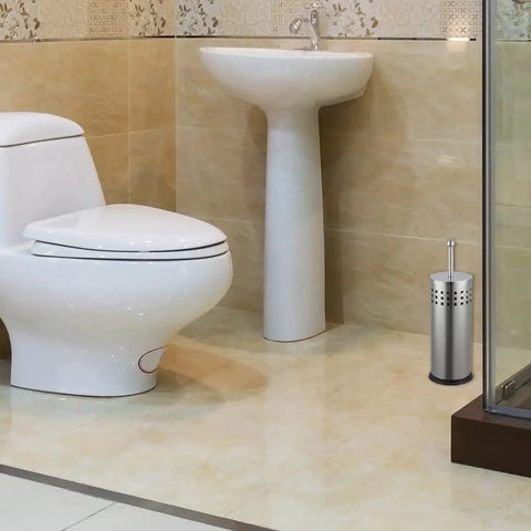 Slick Brushed Metal Toilet Plunger With Spill Proof Canister And Wall Mount Holder For Bathroom Corner Storage