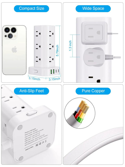 Power Strip Tower With 12 AC Outlets And 4 USB Ports 2 USB C 2 USB A For Home Office Dorm Room Flat Plug Surge Protector