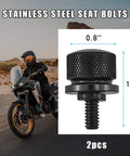 Heavy Duty Aluminum Knurled Motorcycle Seat Bolt Screws Featuring No Fuss Quick Swap For Dead Straight Hand Tightening On Custom Baggers And Touring Cruisers Matte Black Hardware Upgrade Kit, 2pcs, 0.8" & 1.3" sizes.