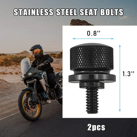 Heavy Duty Aluminum Knurled Motorcycle Seat Bolt Screws Featuring No Fuss Quick Swap For Dead Straight Hand Tightening On Custom Baggers And Touring Cruisers Matte Black Hardware Upgrade Kit, 2pcs, 0.8" & 1.3" sizes.
