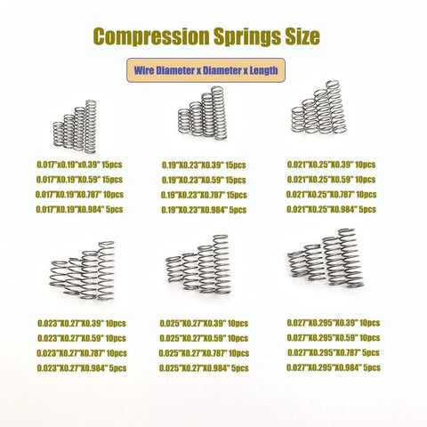 Front view of a 225-piece stainless steel compression springs assortment in 24 sizes